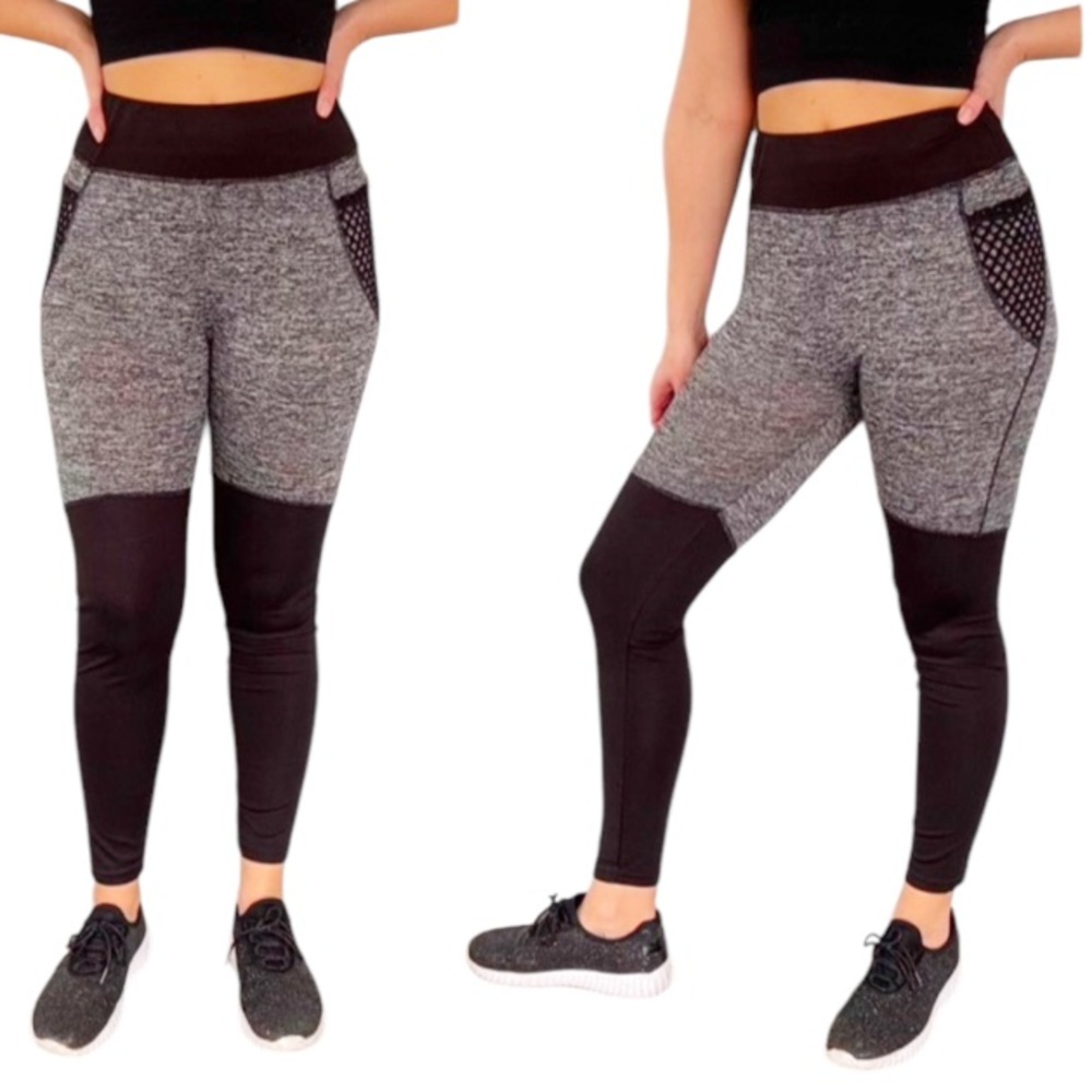 Gray and black high rise mesh pocket full length stretch workout leggings S/M